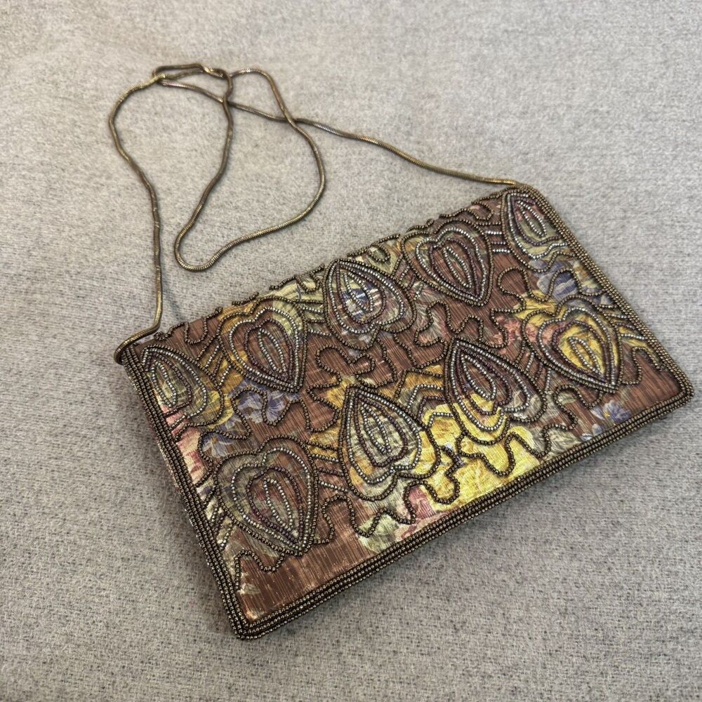 VTG Magid Bronze Beaded Purse Evening Bag Clutch Floral Shoulder Chain USA 9x6